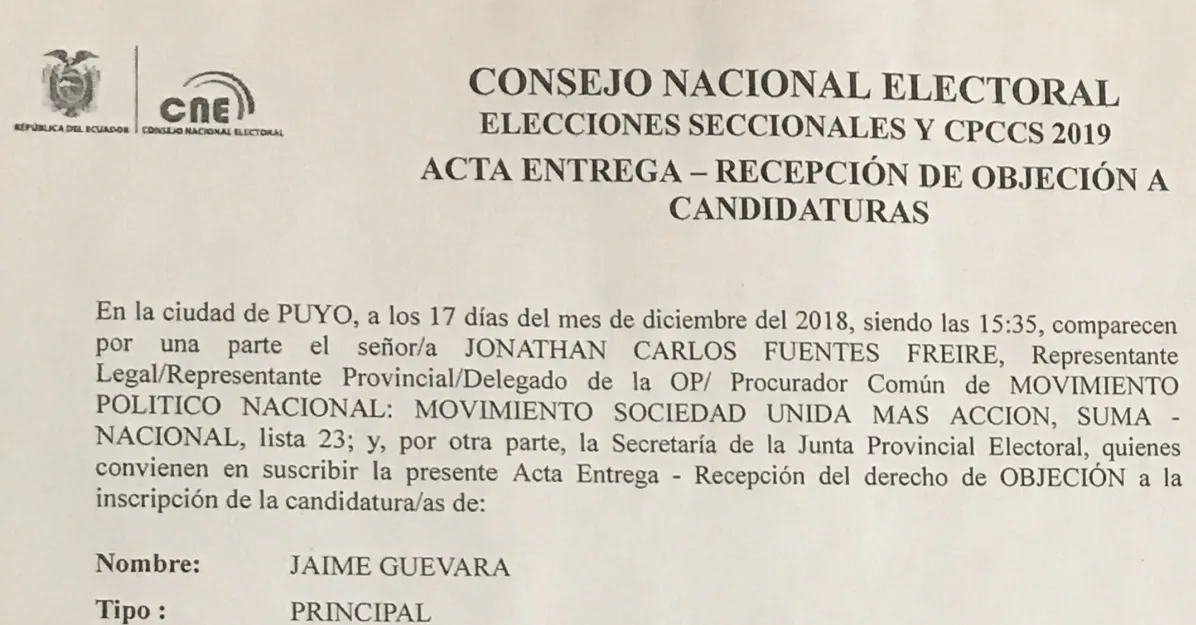 Objeciones a la candidatura de Jaime Guevara