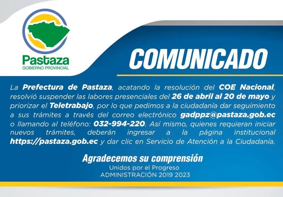Prefectura de Pastaza suspende las labores presenciales