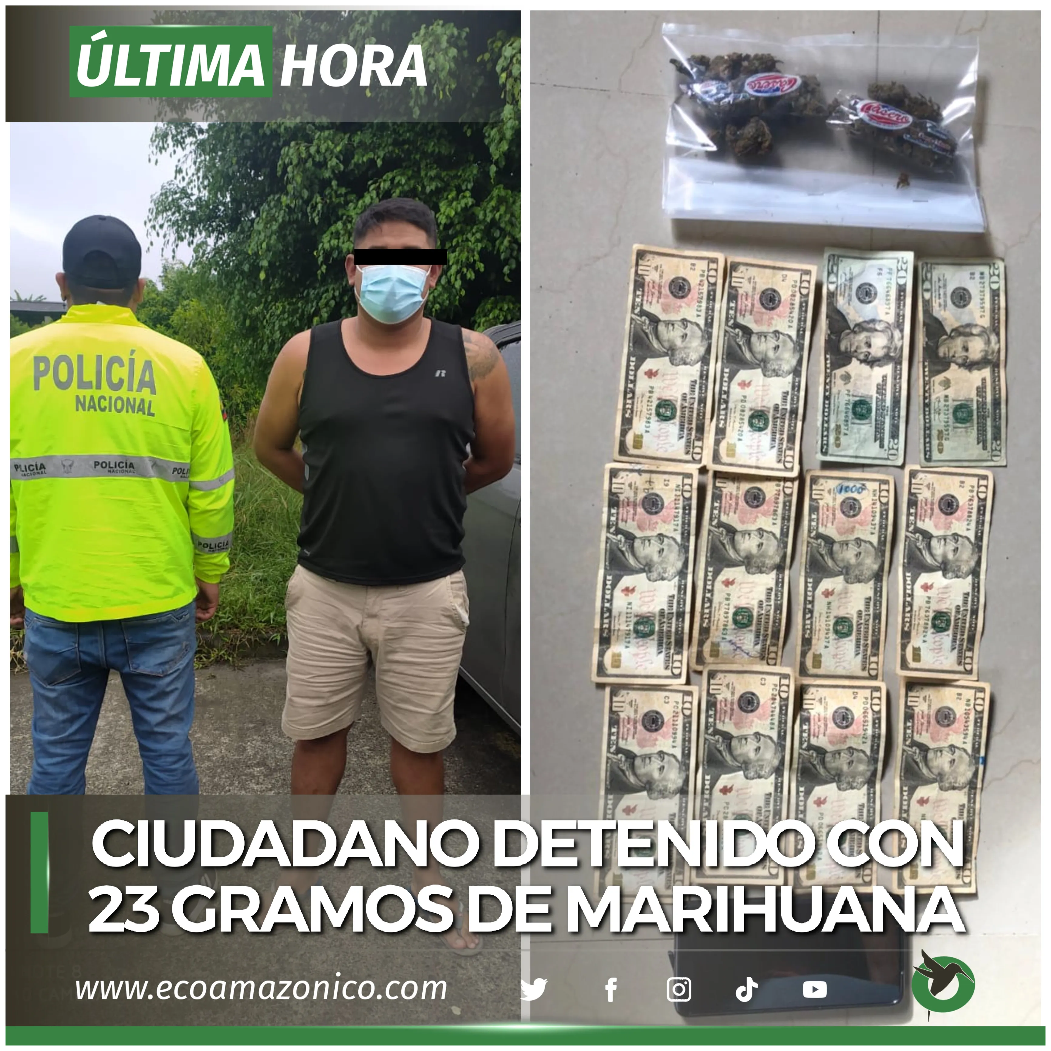 Persona detenida por tráfico para consumo interno de drogas en Puyo
