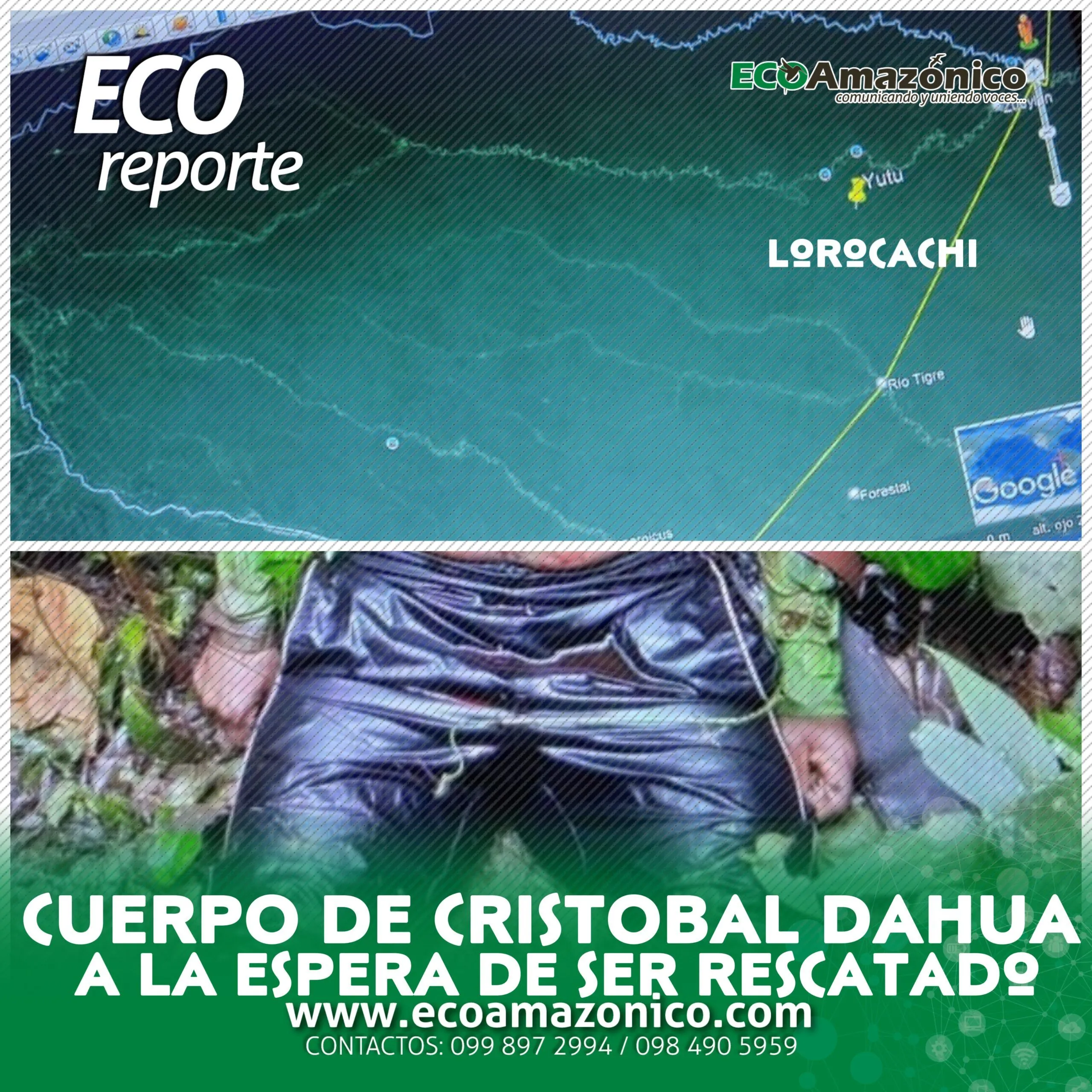 El cuerpo de Cristobal Dahua, a la espera de ser rescato de la selva